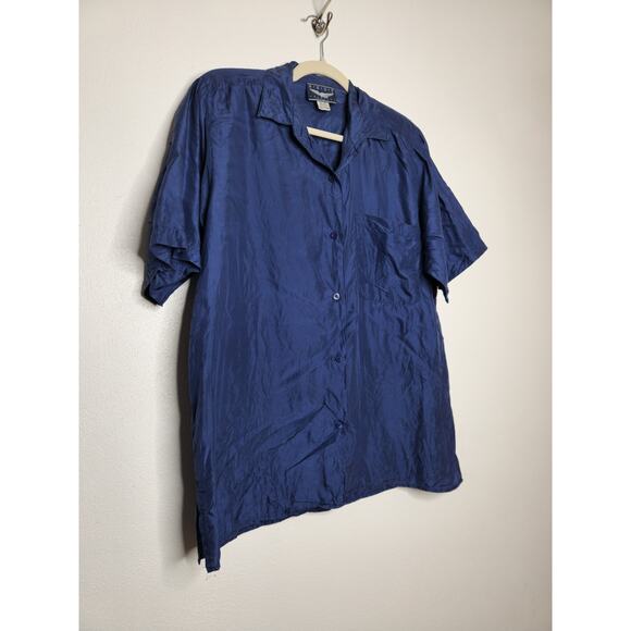 Vintage Silk Button Shirt Shoulder Pads 80s 90s Medium Best American - Picture 2 of 6